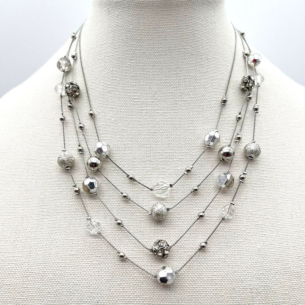 NY Multi Faceted Floating Bead 4 Strand Silver Tone Rhinestone Necklace 17”
